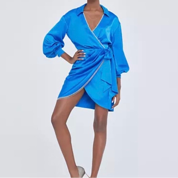 NWT Blue Satin Dress with silver metallic trim - Picture 7 of 7